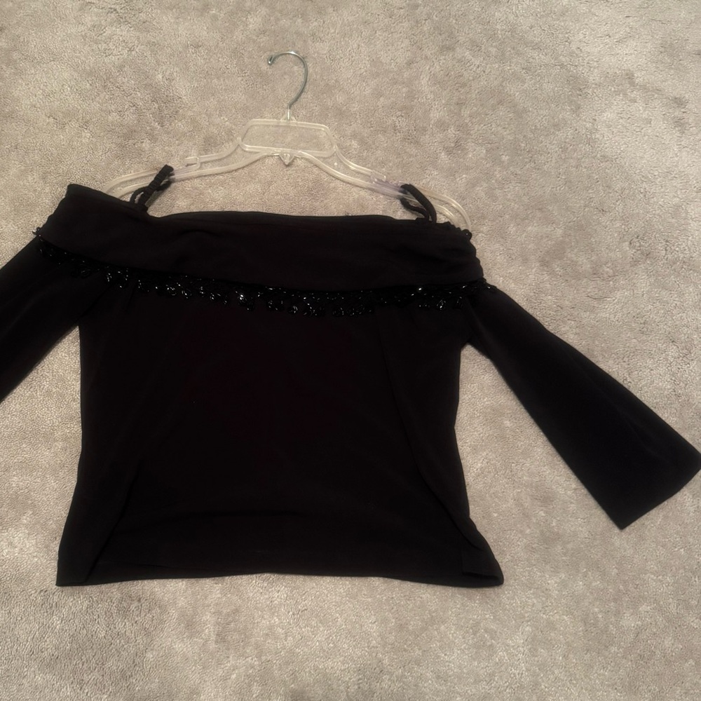 Xscape Elegant Black Top With Beaded Fringe Trim …. Size Large
